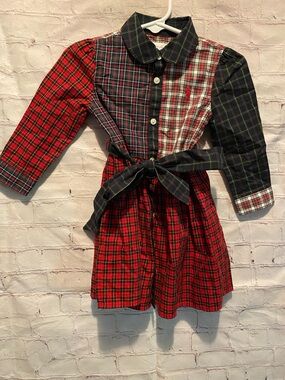 Ralph Lauren Plaid Patchwork Shirt Dress with Tie Waist - Multicolor 12 Months